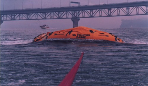 A Lancer oil recovery inflatable barge under test in the Waitemata - the Lancer barges can operate in sea states of 6ft significant waves © Lancer Industries. www.lancer.co.nz